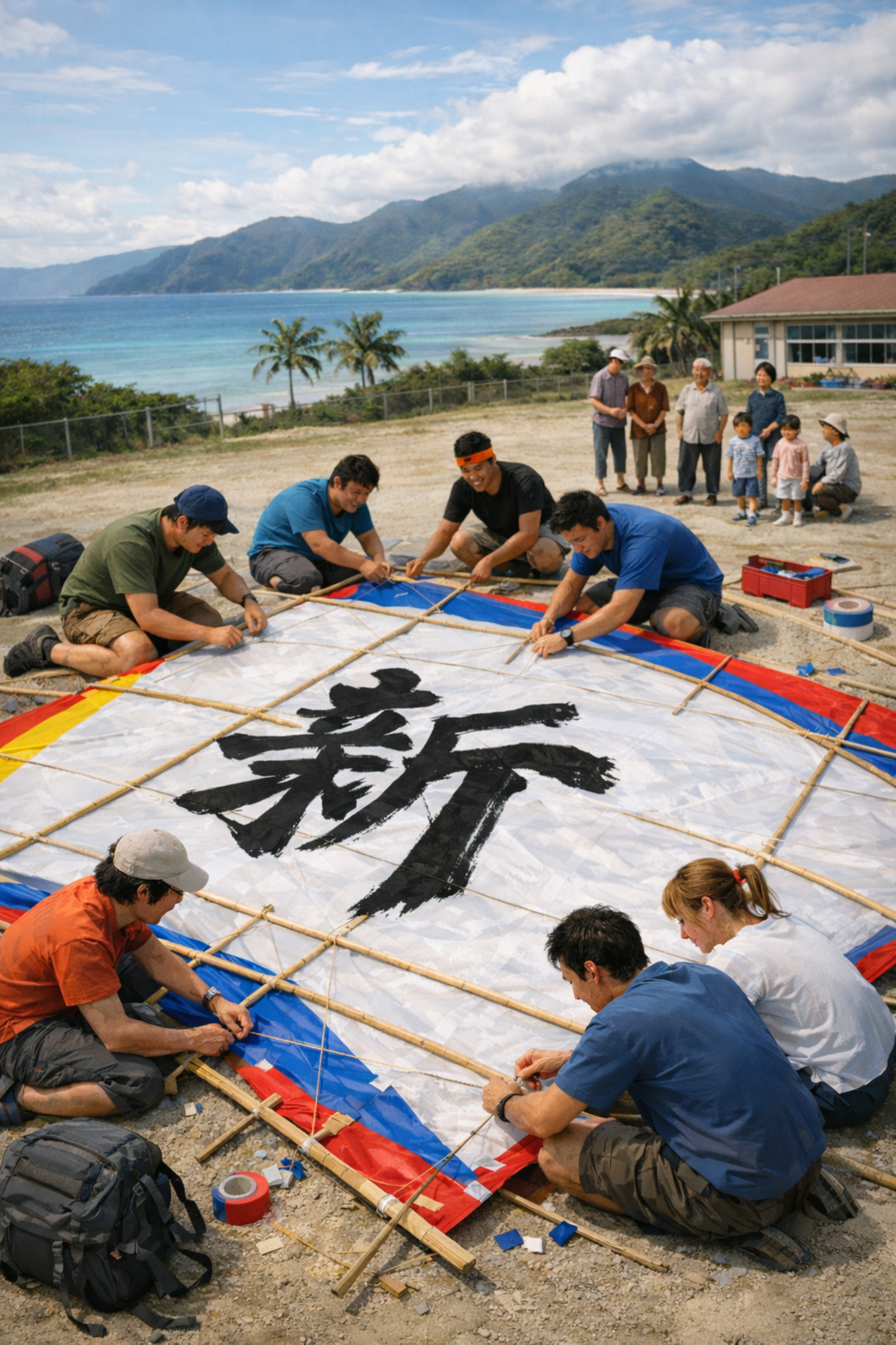 西表島の校庭で巨大な凧を住民と旅人が一緒につくる様子（イメージ）